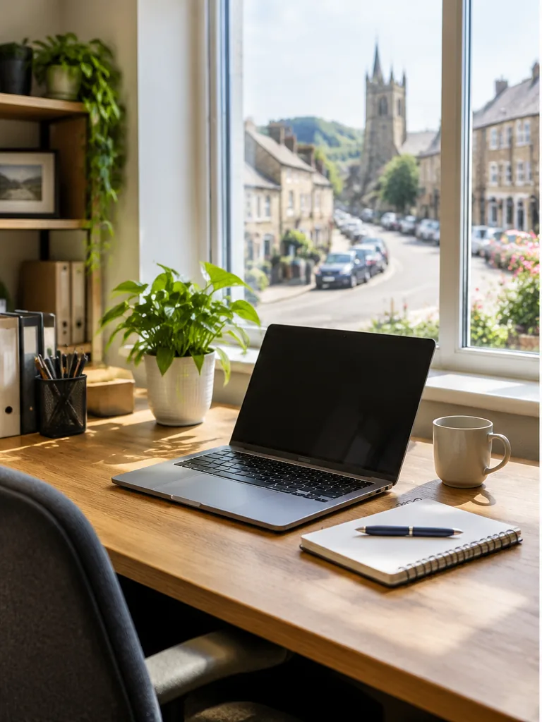 Workspace desk by a window overlooking a town street