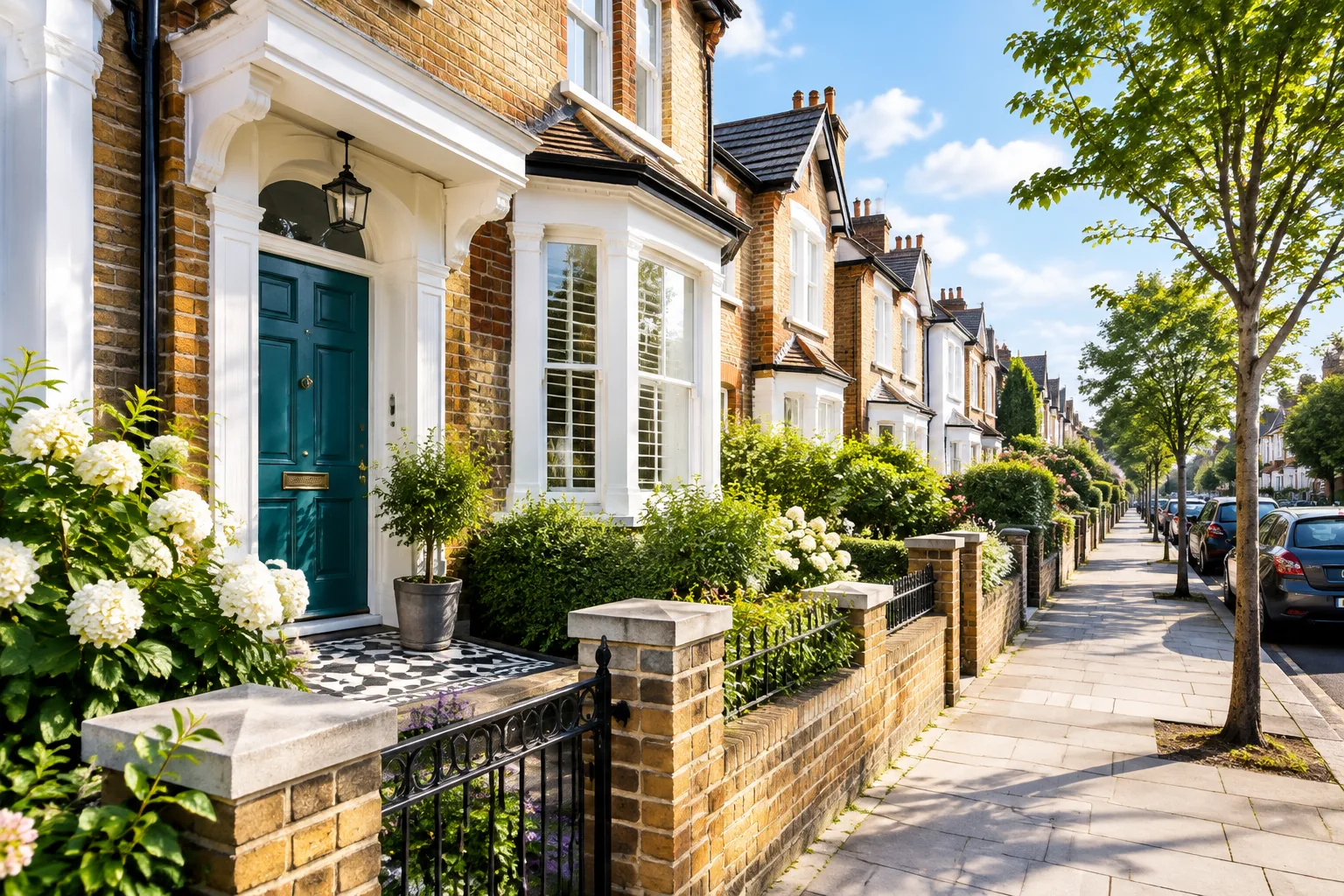 Quiet residential street in greater Paris with brick townhouses