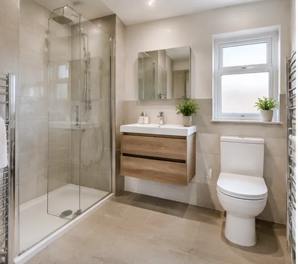 Clean bathroom with walk-in shower