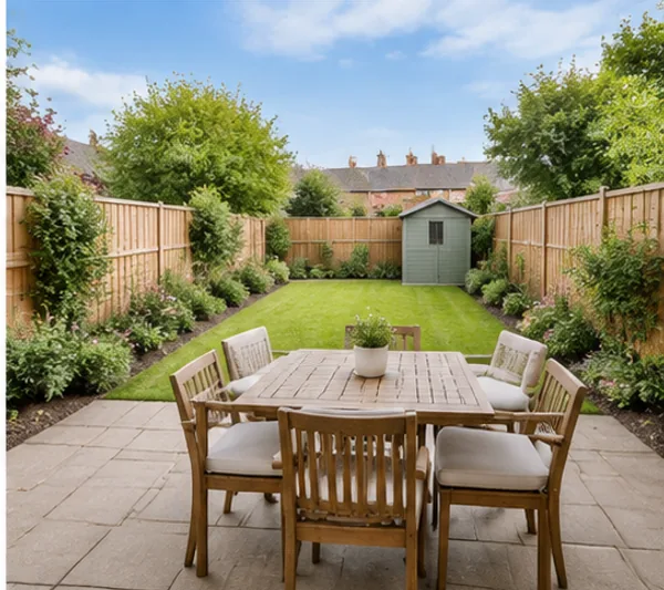 Rear garden with patio and lawn